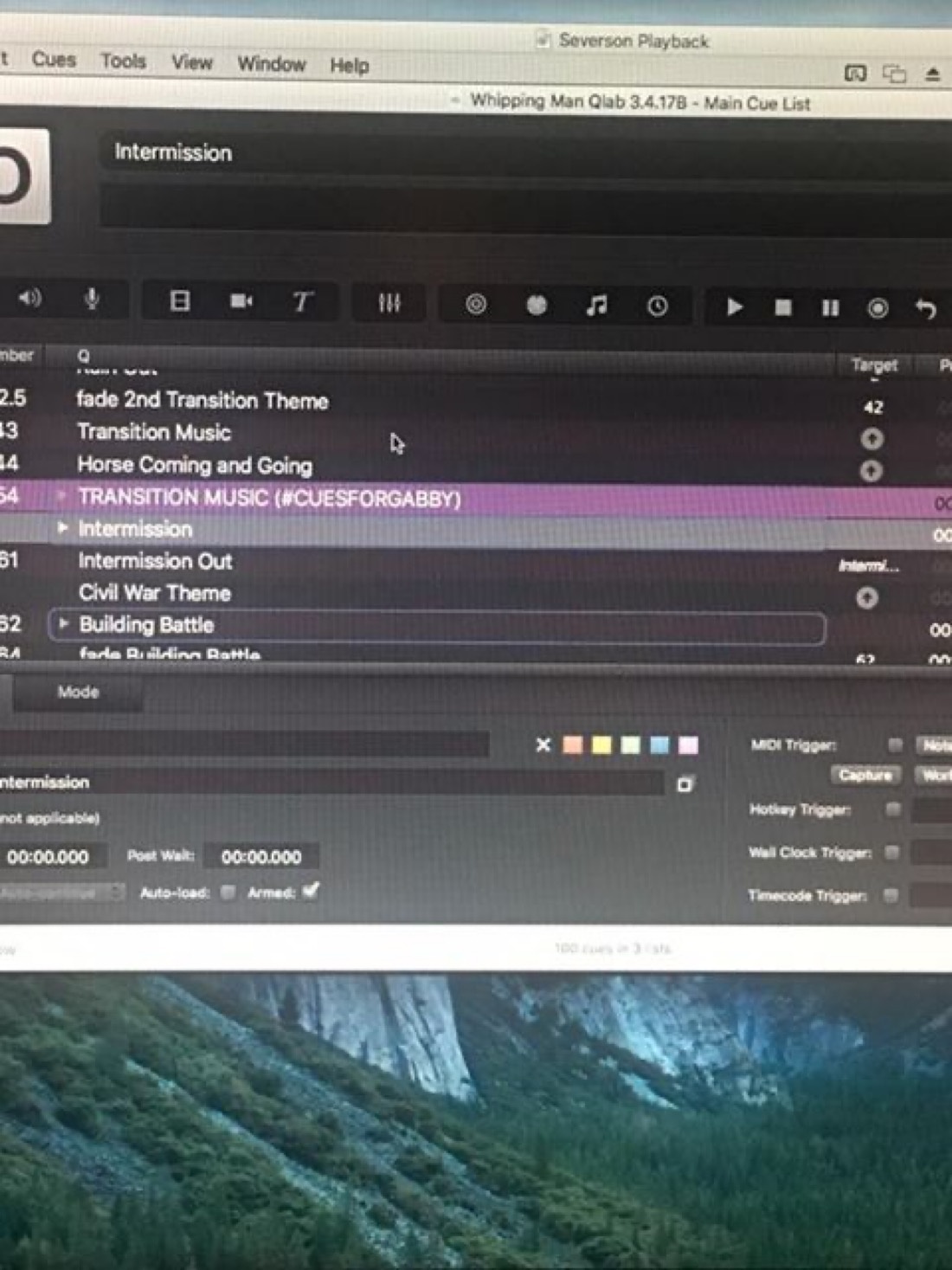 Whipping Man cue list showing Transition Music #CuesForGabby