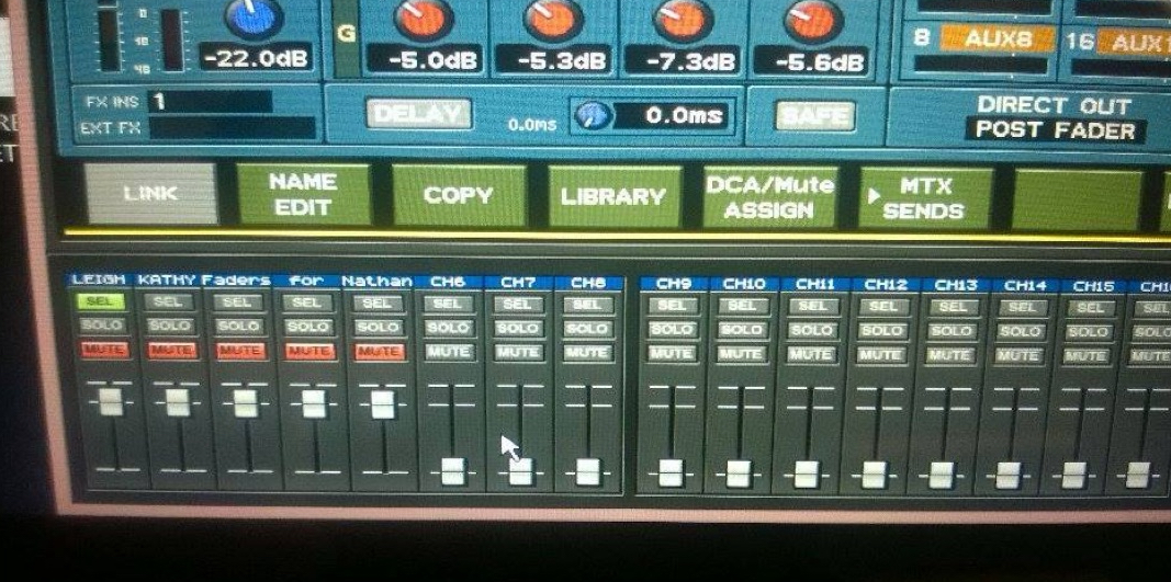 Audio mixing board with faders dedicated to Nathan